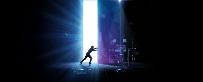 Silhouette opening a large door representing digital agency growth through white label partnership - blog.grafica.group