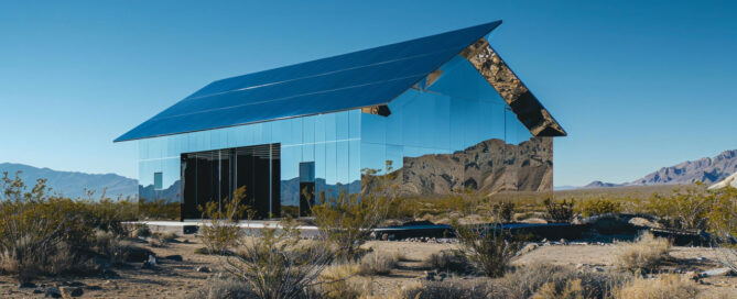 A mirrored house in a desert landscape symbolizing an invisible white label agency partner providing scalable infrastructure for digital firms.