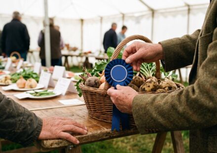 A hand pinning a blue first-prize rosette to a wicker basket of potatoes, beetroot and greens on a trestle table in a show tent.