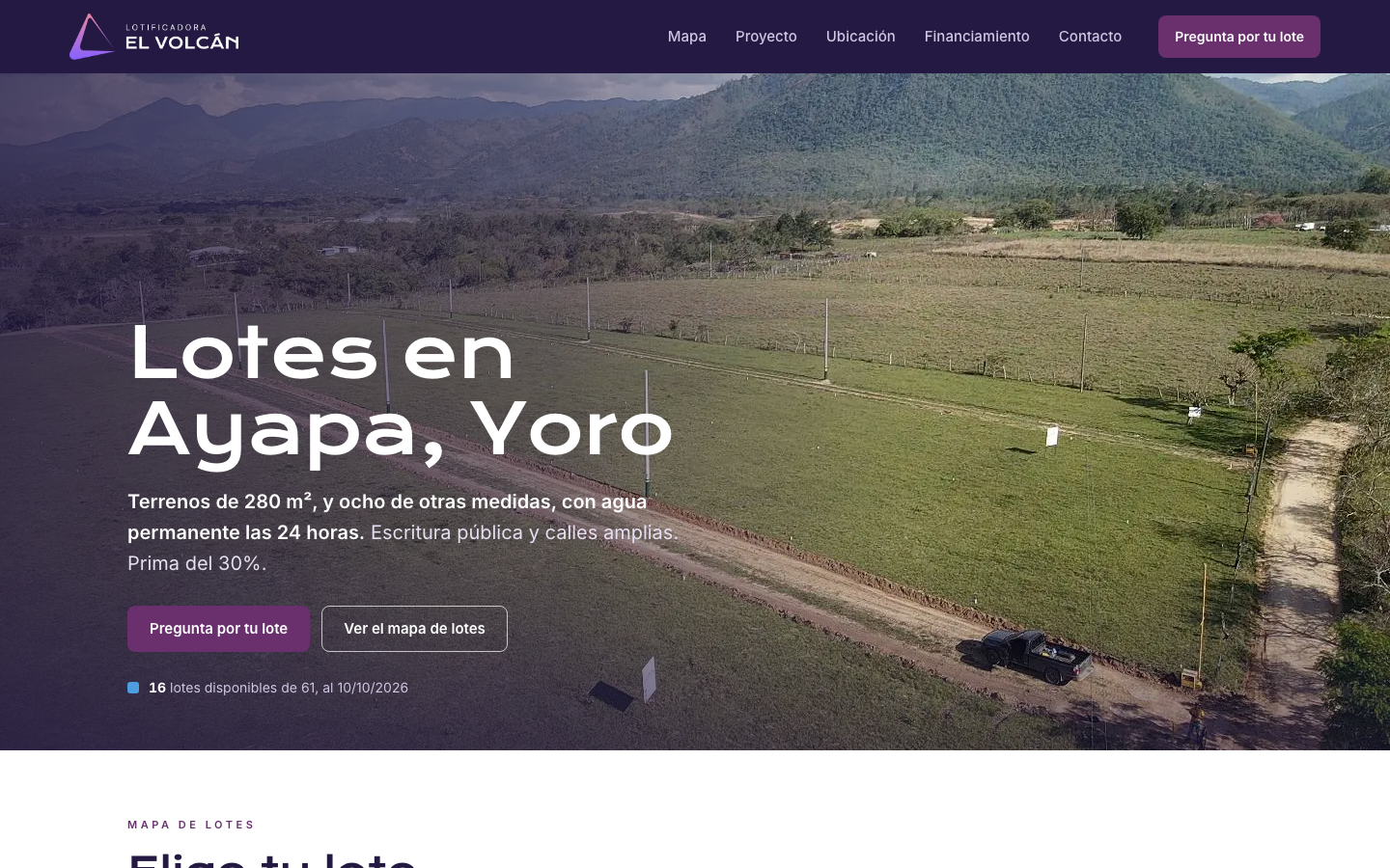 The El Volcán home page's first screen at 1,440 pixels wide: an aerial photograph of the land under the heading.