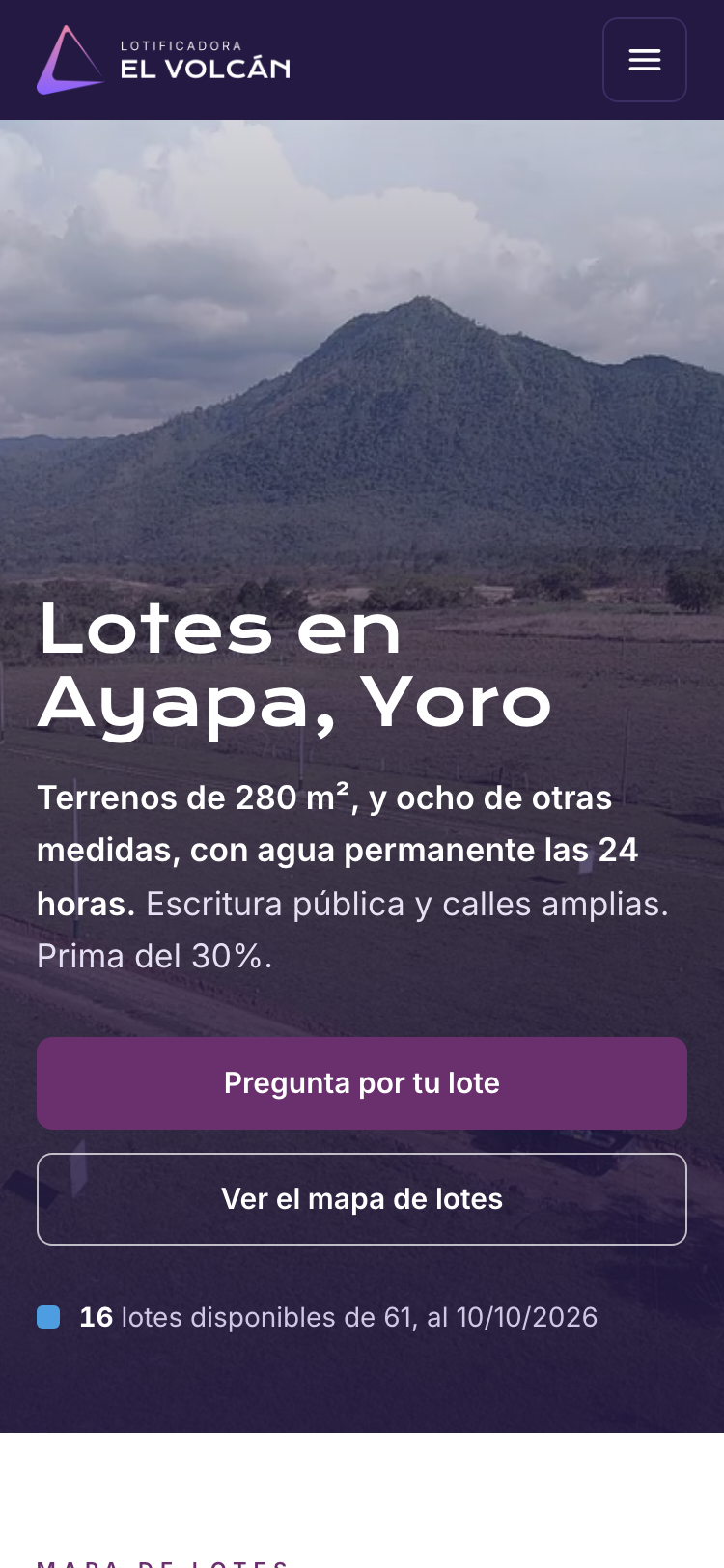 The El Volcán home page's first screen at 375 pixels wide, a phone.
