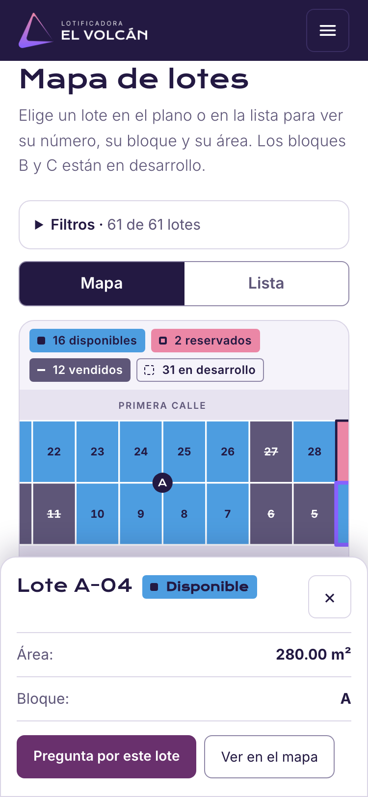 Lot A-04's card at the bottom of the screen on the El Volcán map at 375 pixels wide.