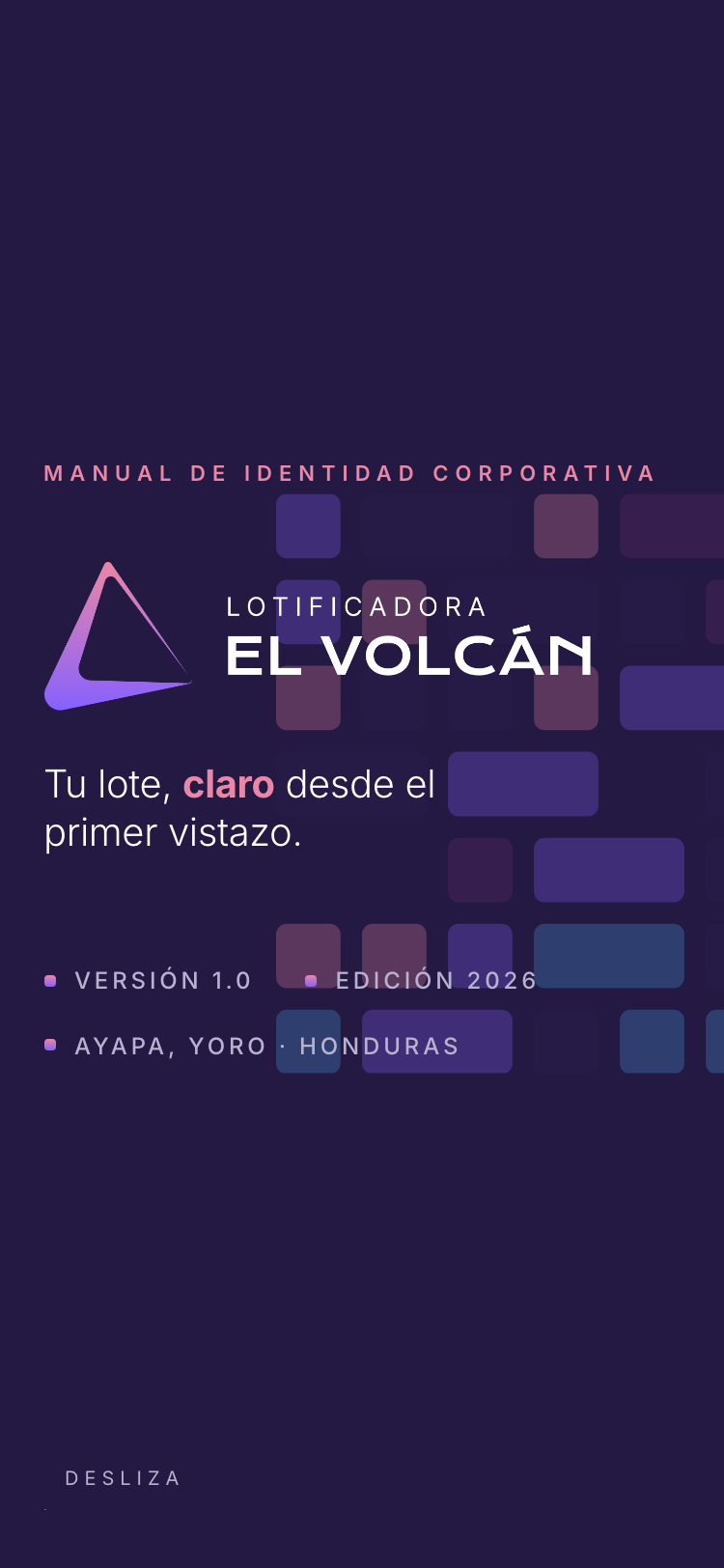 The cover of El Volcán's brand manual at 375 pixels wide.