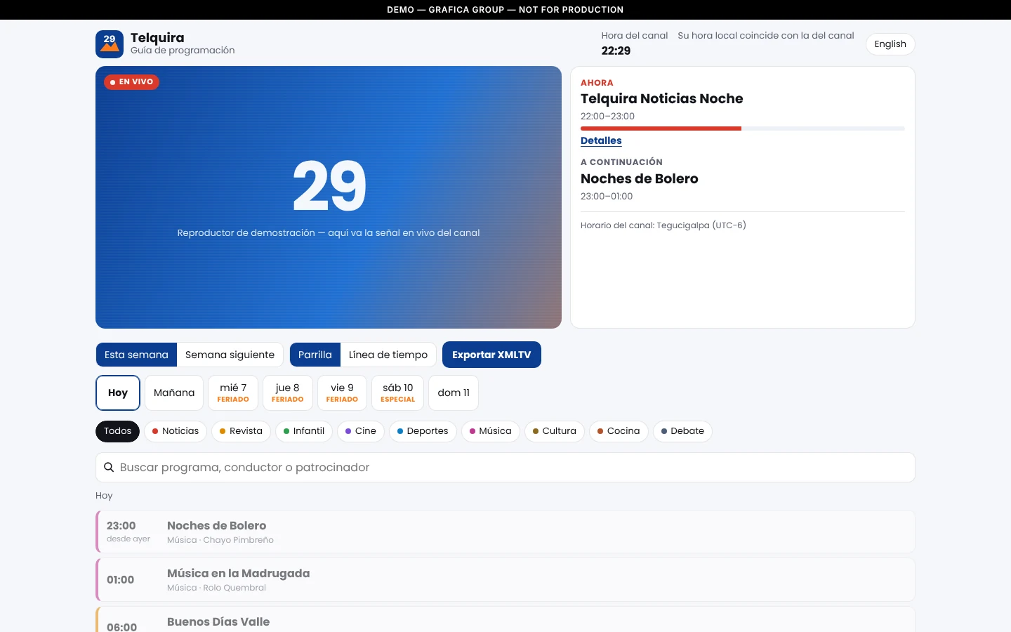 Guía de programación del canal ficticio Telquira: el reproductor de muestra a la izquierda y, a la derecha, el programa al aire con su barra de avance y el que sigue