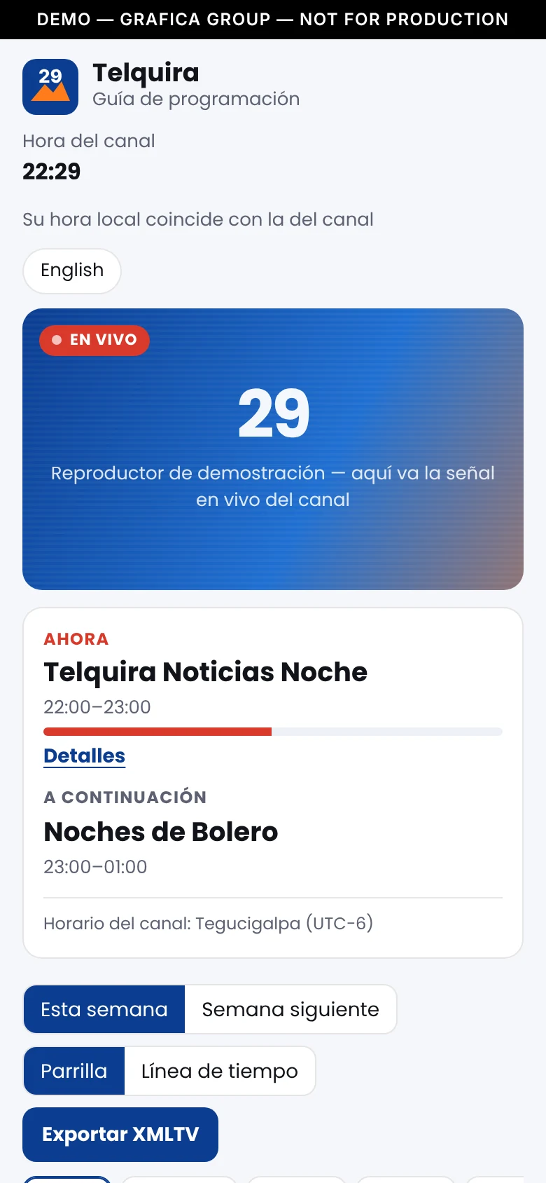 Guía TV a ancho de teléfono: la hora del canal, el reproductor de muestra y el programa al aire con el que sigue