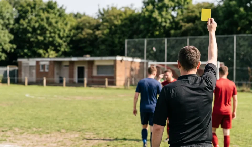 A football referee in black, seen from behind, holds a yellow card high above his head on a grass pitch while players in red and blue walk away.