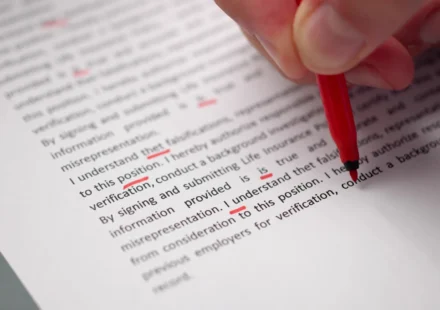 A red pen marking corrections on a printed page