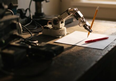 A small robot arm on a worn workbench holding a pencil upright over a blank sheet of paper, a red pen lying on the sheet.