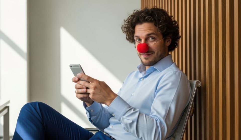 A man in a light blue business shirt sits with his phone and smiles at the camera, wearing a red clown nose.