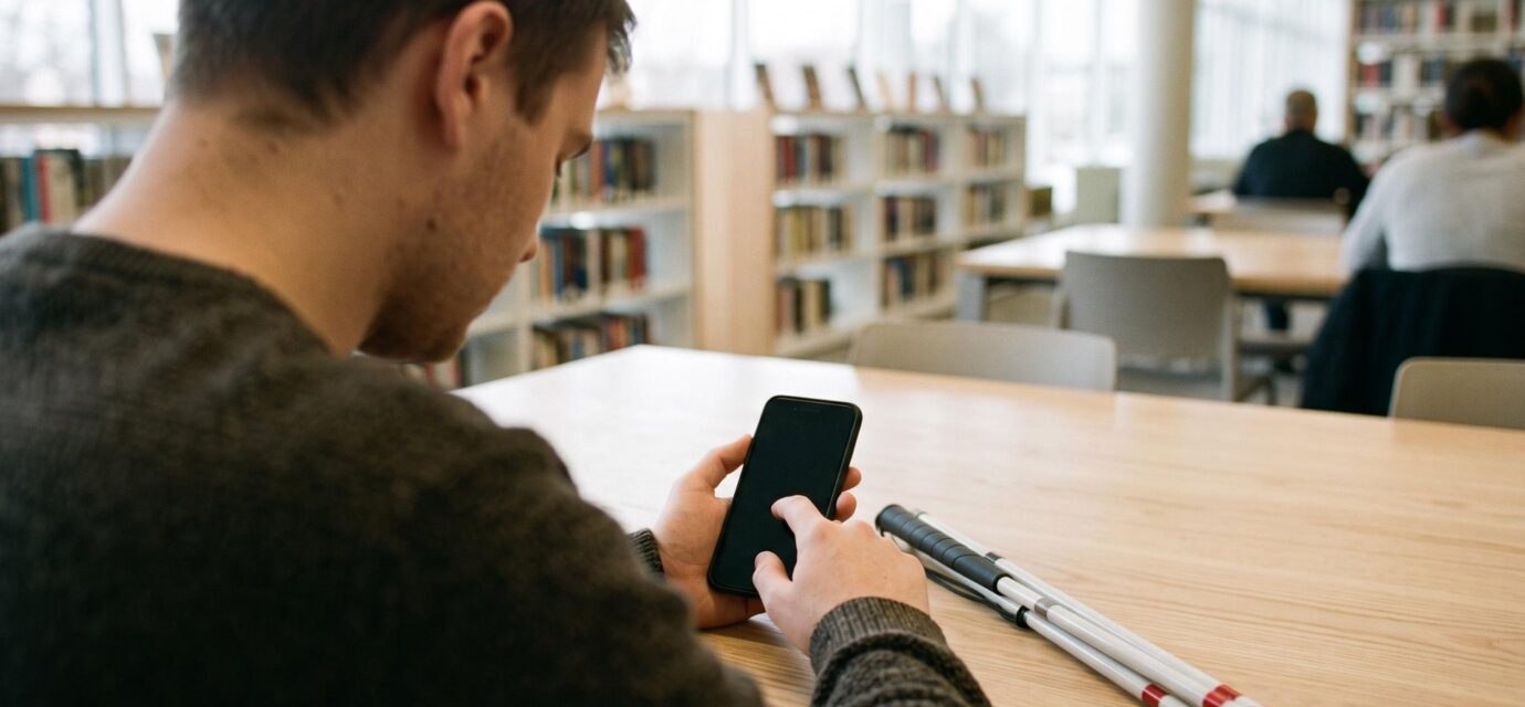 A young blind man at a library table swipes through a phone with its screen switched off, listening to it read aloud, a folded white cane beside his arm.