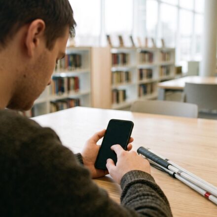 A young blind man at a library table swipes through a phone with its screen switched off, listening to it read aloud, a folded white cane beside his arm.