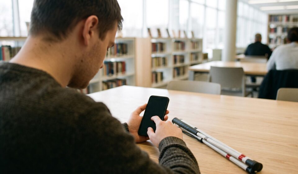 A young blind man at a library table swipes through a phone with its screen switched off, listening to it read aloud, a folded white cane beside his arm.