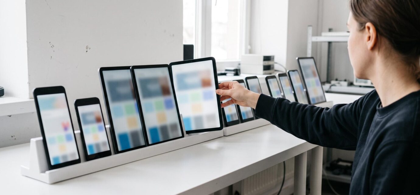 A young test engineer turns one tablet in a long row of phones and tablets of every size, standing upright on a white bench in a bright testing room.