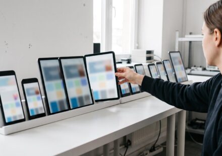 A young test engineer turns one tablet in a long row of phones and tablets of every size, standing upright on a white bench in a bright testing room.