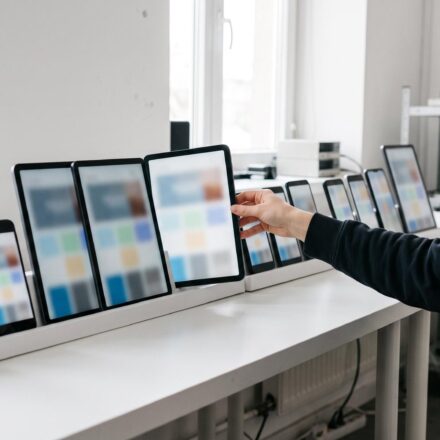 A young test engineer turns one tablet in a long row of phones and tablets of every size, standing upright on a white bench in a bright testing room.