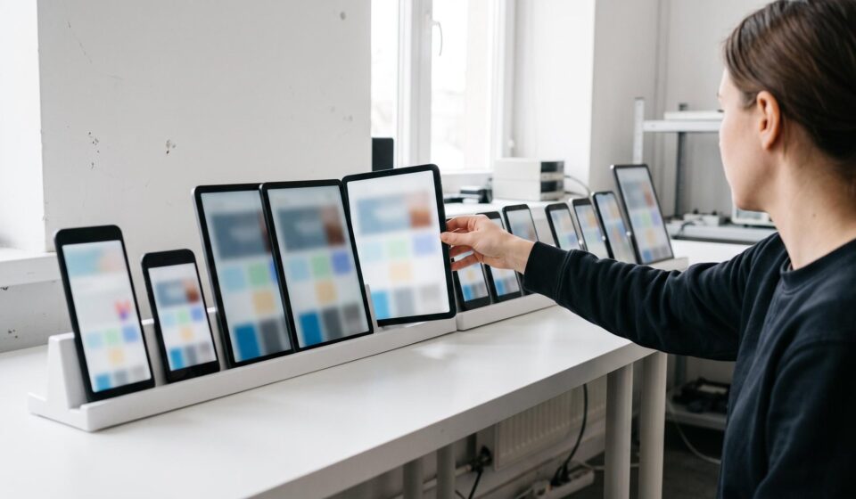 A young test engineer turns one tablet in a long row of phones and tablets of every size, standing upright on a white bench in a bright testing room.