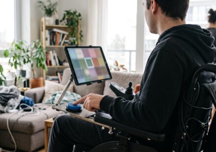 A young man in a power wheelchair presses a large round switch beside his armrest to move through a web page on a tablet mounted in front of him.