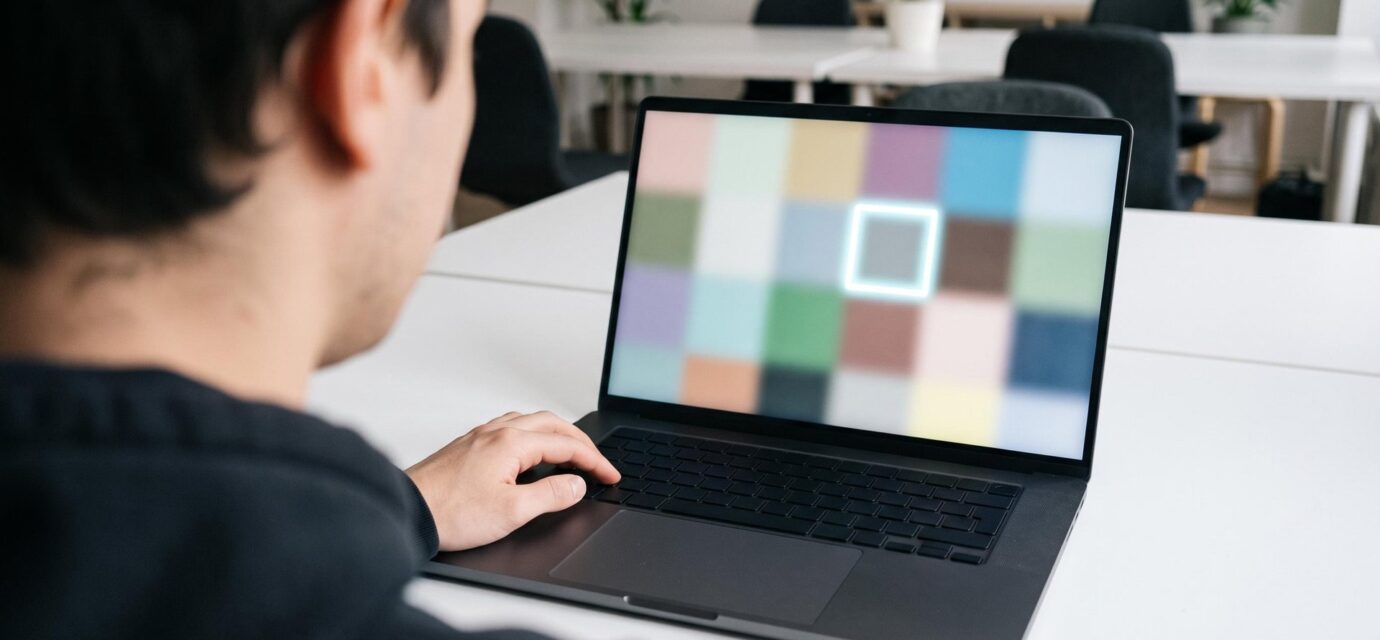 A young accessibility tester presses a key on a laptop with blank keys; on the screen a bright outline marks the one block the keyboard focus has reached.