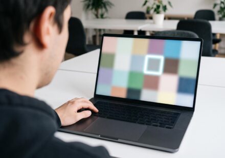A young accessibility tester presses a key on a laptop with blank keys; on the screen a bright outline marks the one block the keyboard focus has reached.