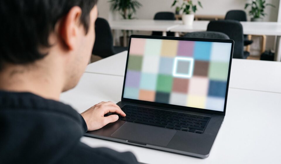 A young accessibility tester presses a key on a laptop with blank keys; on the screen a bright outline marks the one block the keyboard focus has reached.
