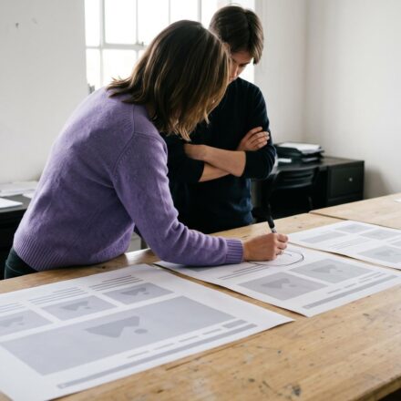 An agency owner circles a flaw on a printed proof of a web page laid out at three sizes, while a colleague watches.