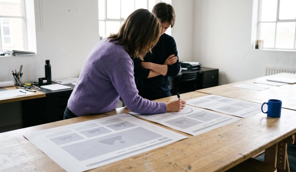 An agency owner circles a flaw on a printed proof of a web page laid out at three sizes, while a colleague watches.