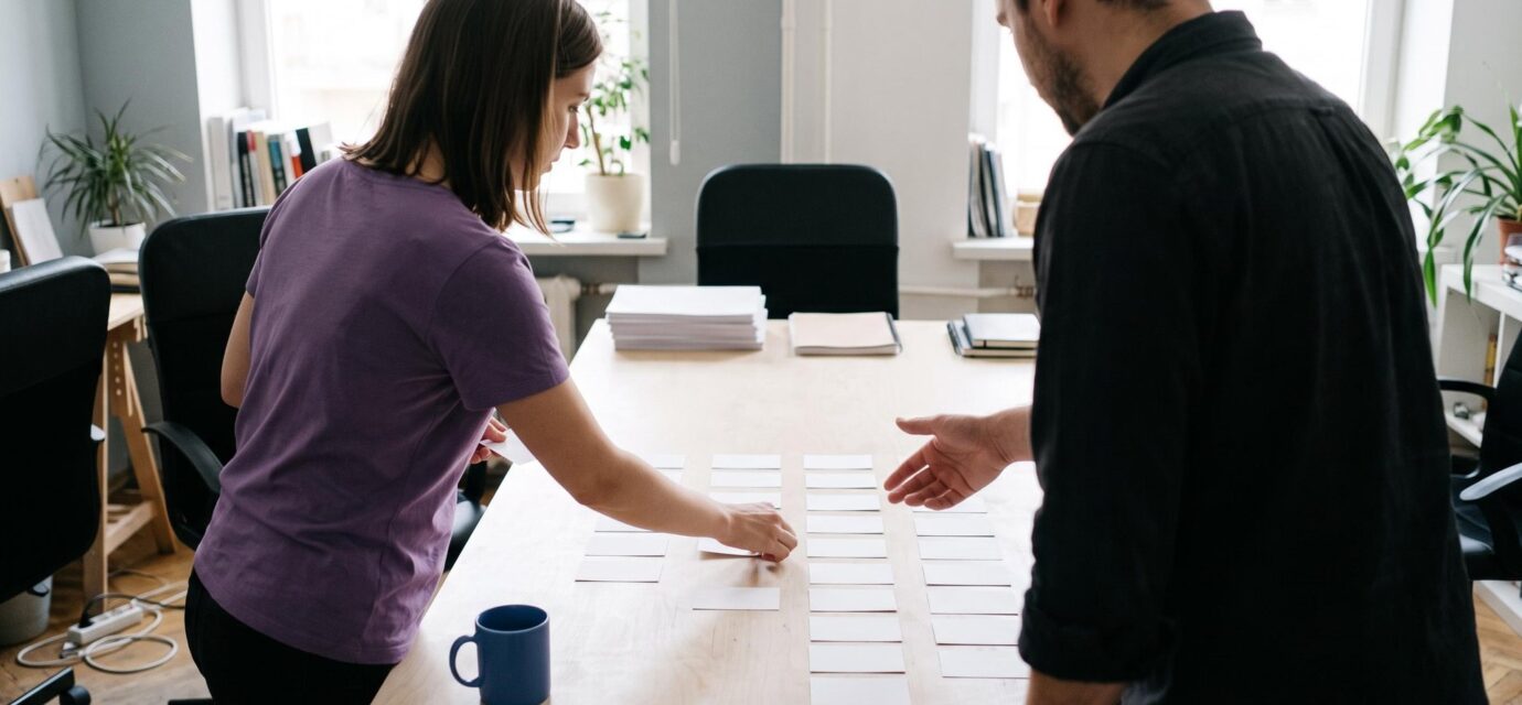 An agency owner briefs a project manager, who lays blank task cards in columns on a large table.