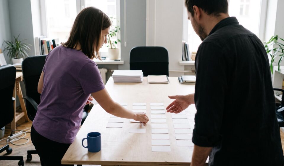 An agency owner briefs a project manager, who lays blank task cards in columns on a large table.