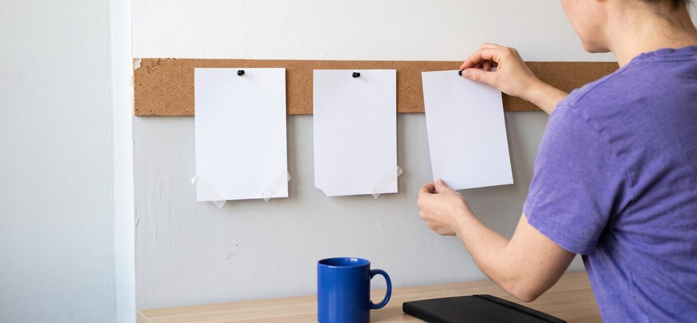 An agency owner pins the third of three blank cards to a cork strip above her desk; the first two were redone.