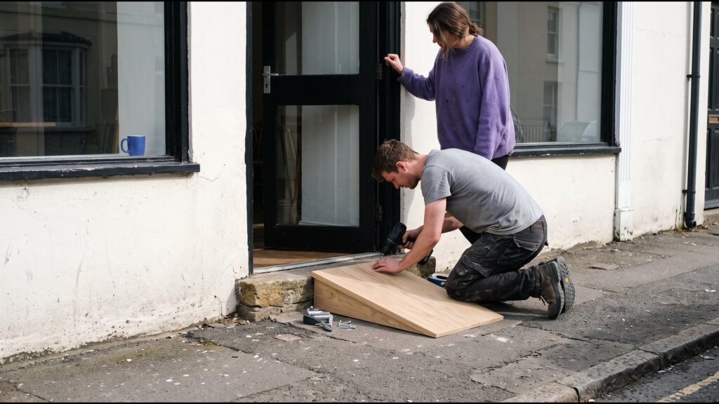 A carpenter kneels at a restaurant doorway and screws a pale oak ramp over the stone step while the owner, in a violet sweater, holds the door open.