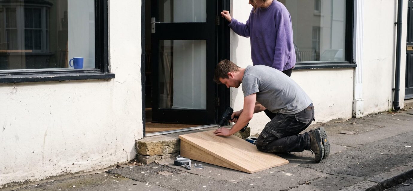 A carpenter kneels at a restaurant doorway and screws a pale oak ramp over the stone step while the owner, in a violet sweater, holds the door open.