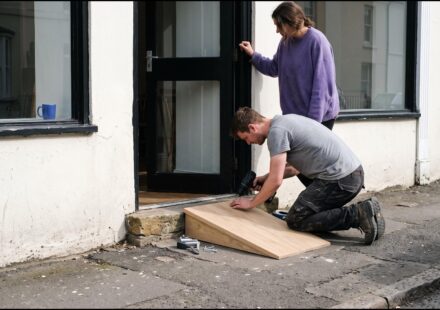 A carpenter kneels at a restaurant doorway and screws a pale oak ramp over the stone step while the owner, in a violet sweater, holds the door open.
