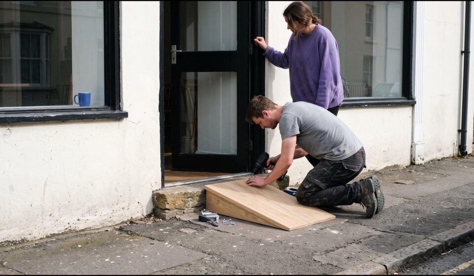 A carpenter kneels at a restaurant doorway and screws a pale oak ramp over the stone step while the owner, in a violet sweater, holds the door open.