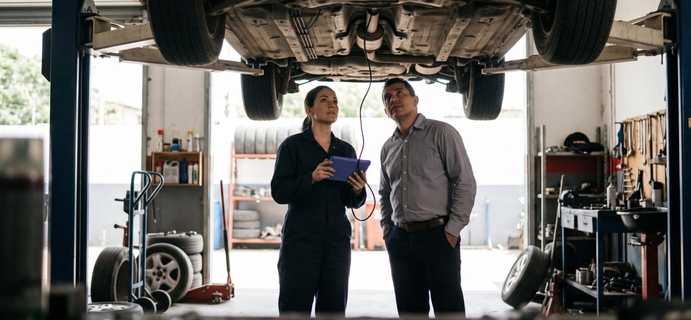 A mechanic holding a diagnostic tablet and a car owner stand under a car raised on a lift, both looking up at its underbody.