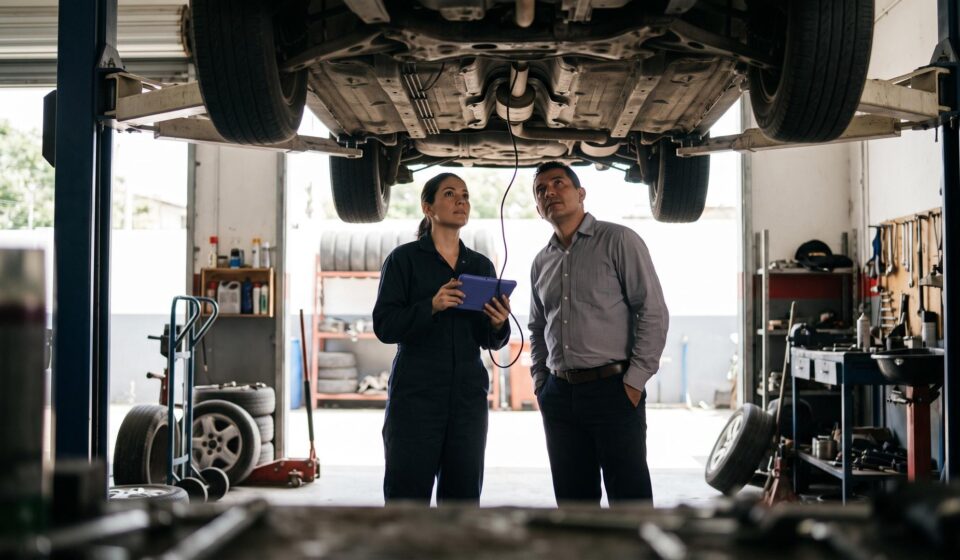 A mechanic holding a diagnostic tablet and a car owner stand under a car raised on a lift, both looking up at its underbody.