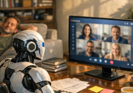 A white humanoid robot works at a desk with a video call on the monitor while the owner naps on the sofa behind it.