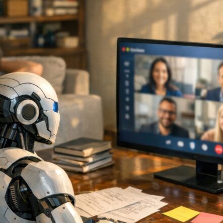A white humanoid robot works at a desk with a video call on the monitor while the owner naps on the sofa behind it.
