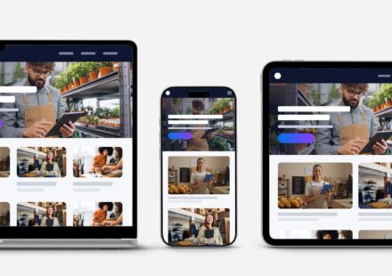 The same web page on a laptop, a phone and a tablet, its layout changing from three columns to two to one.