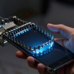 A smartphone held in a hand with a sprung metal trap clamped over its screen.