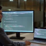 A developer at night reading code on a large monitor, a laptop open beside it