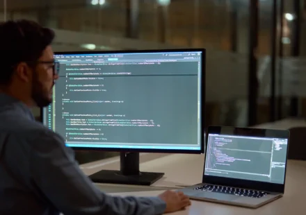 A developer at night reading code on a large monitor, a laptop open beside it
