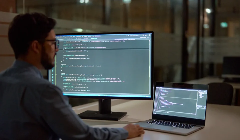 A developer at night reading code on a large monitor, a laptop open beside it