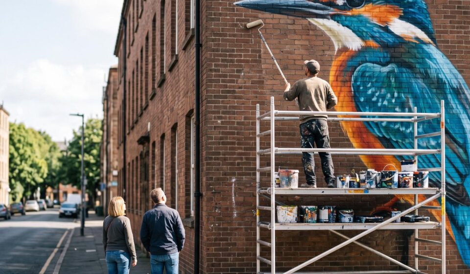 A painter on a scaffold tower, seen from behind, rolling paint onto a large mural of a kingfisher on a brick gable wall, while two passers-by on the pavement stop to look up at it.
