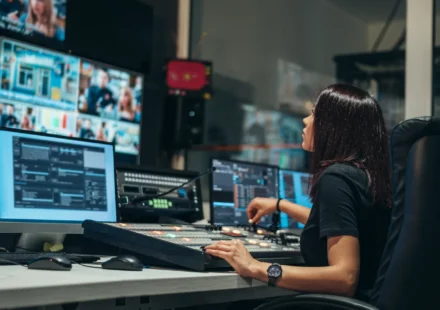 Una operadora en una sala de control de televisión, frente a una mesa de mezcla y varios monitores