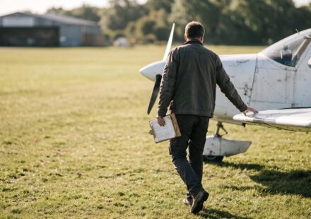 A pilot, seen from behind, walking round a small white aeroplane parked on a grass airfield, a clipboard in one hand and the other hand on the wing.