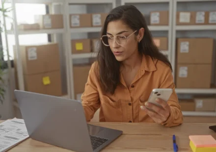 A shop owner at a laptop, phone in hand, in a stockroom of labelled parcels