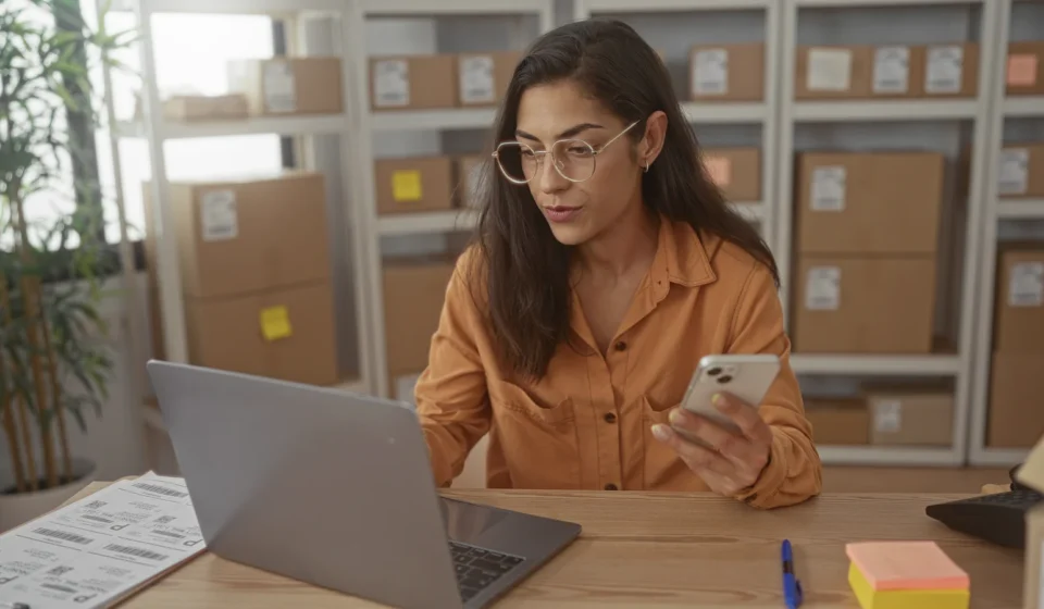 A shop owner at a laptop, phone in hand, in a stockroom of labelled parcels
