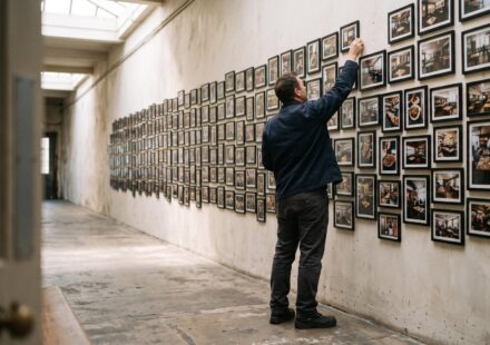 A man reaching up to straighten one frame on a long corridor wall covered with hundreds of framed photographs of restaurant interiors.