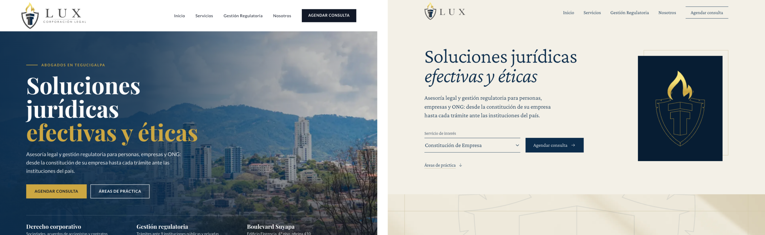 Desktop first screens on 21 October 2026, side by side: the WordPress site after the 1 October update, then the new Lux Corporación Legal site.