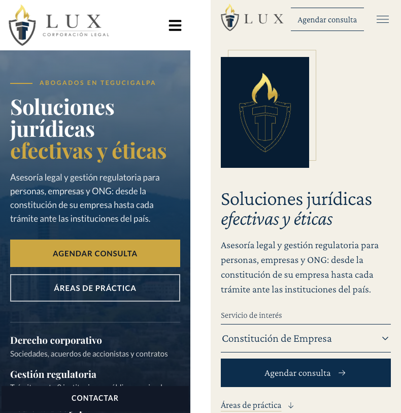 Phone first screens on 21 October 2026, side by side: the WordPress site after the 1 October update, then the new Lux Corporación Legal site.